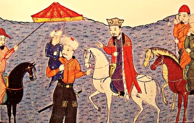 Abaqa está representado montando a caballo en el centro de la imagen, junto a su hijo, quien a su vez tiene a su nieto en brazos.