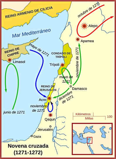 Operaciones de los mongoles (en rojo) bajo el general Samagar durante la Novena Cruzada en 1271.